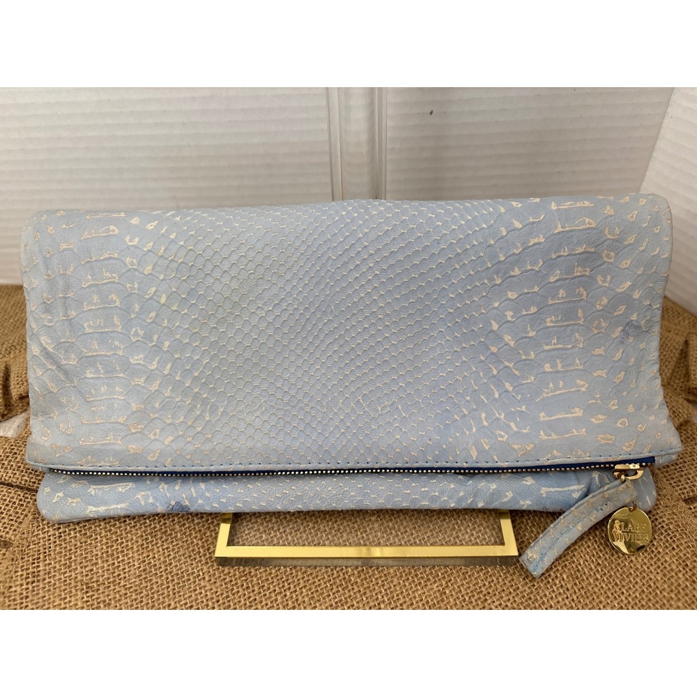 Clare V Clare Vivier Light Blue Snakeskin Embossed Leather Foldover Clutch Bag